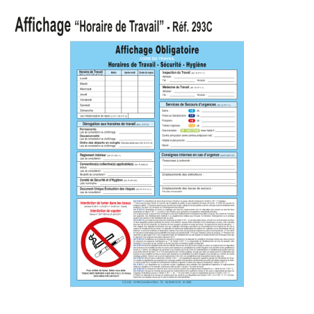 Affichage Obligatoire - Horaire de travail / Sécurité / Hygiène